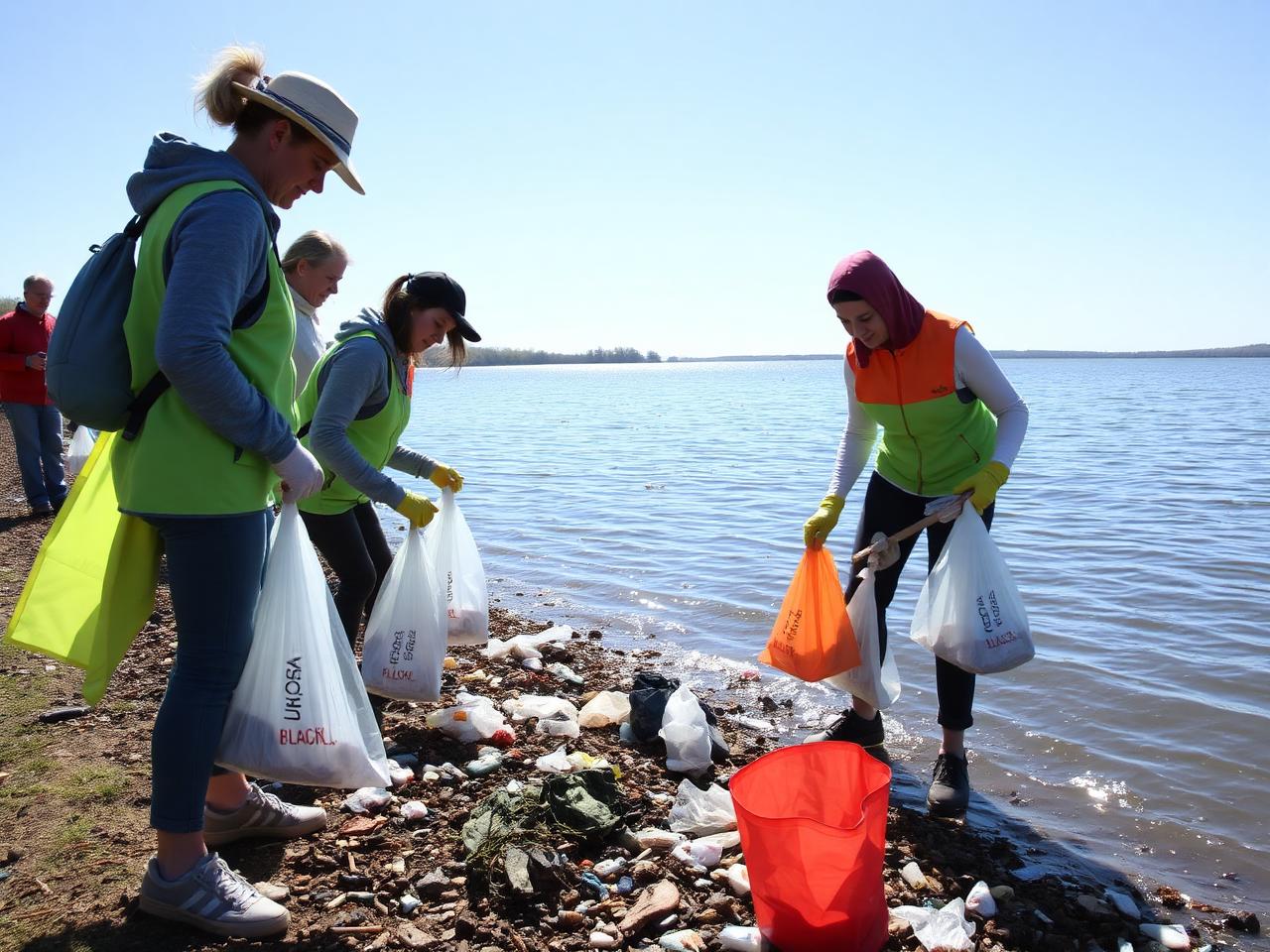 Volunteers during a lake cleanup